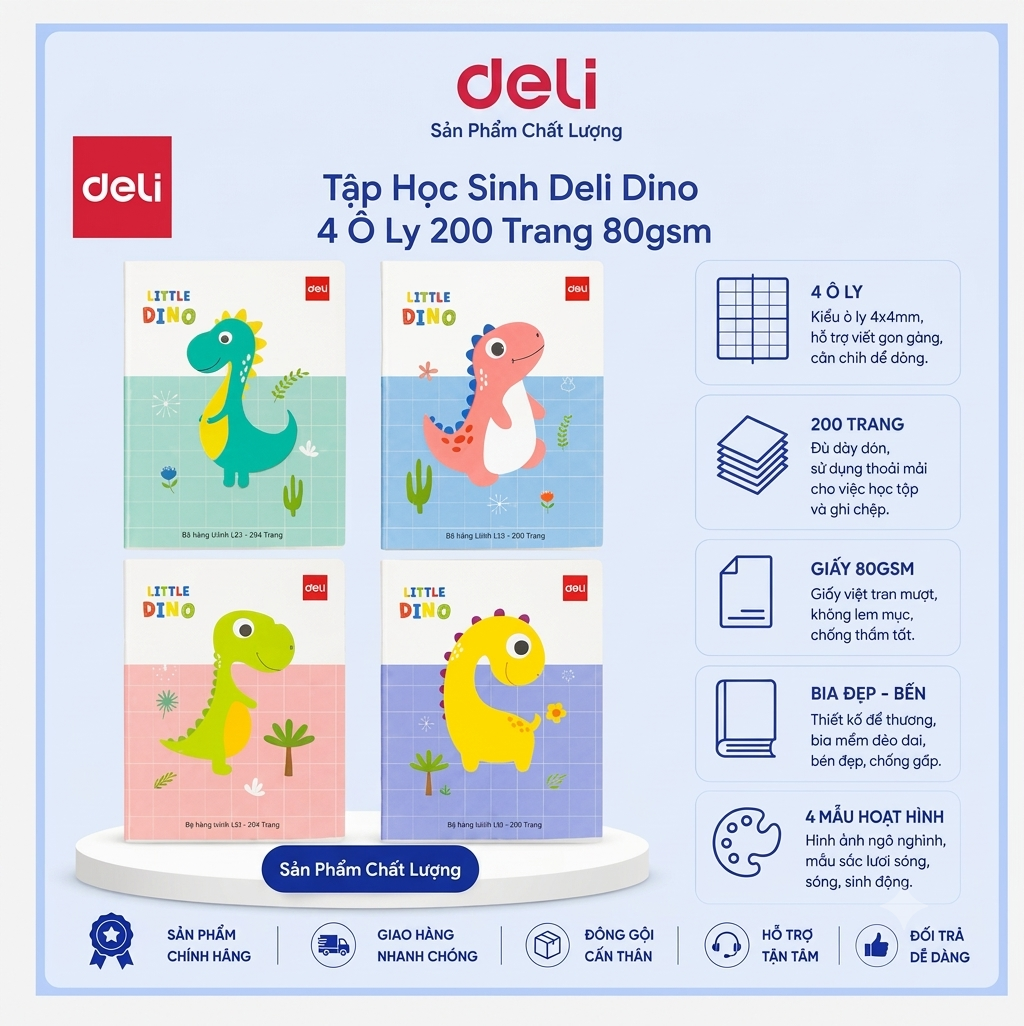 Tập 200 trang Deli 80 gsm Khủng long Dino - 4 ô ly