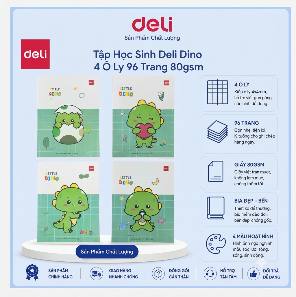 Tập 96 trang Deli 80 gsm Khủng long Dino - 4 ô ly
