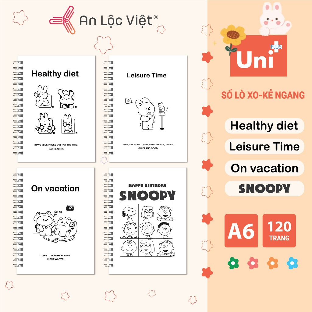 Set 4 cuốn sổ lò xo A6 - 80 trang (On vacation - Leisure time - Healthy diet - Snoopy)